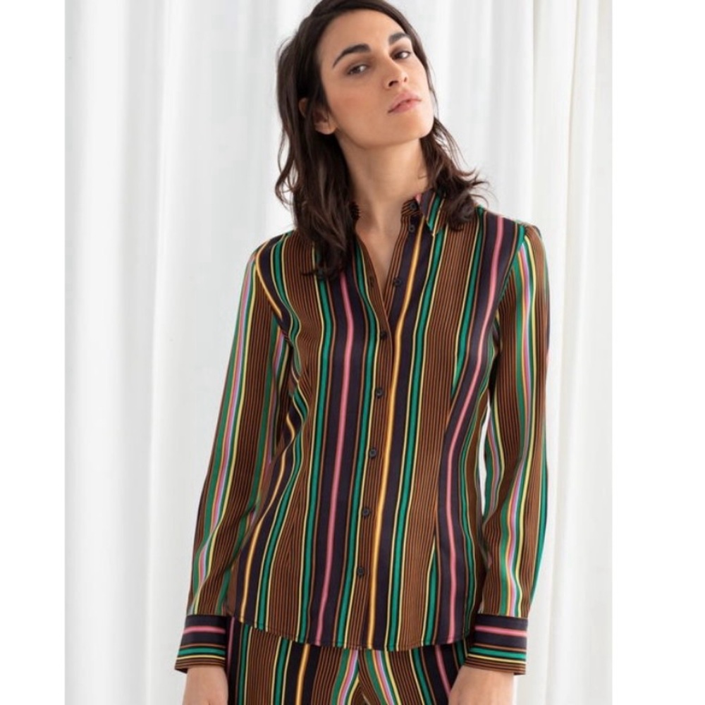 & Other Stories Multicolor Striped Satin Button Up Top